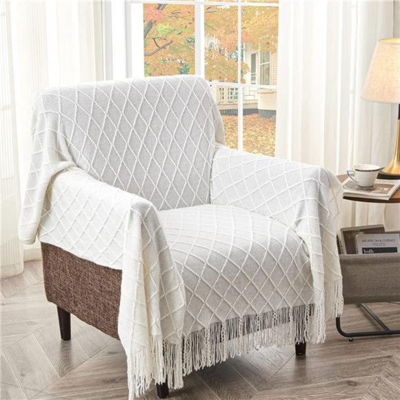 Knitted Throw Blankets for Couch and Bed, Soft Cozy Knit Blanket with Tassel - Picture 4 of 6